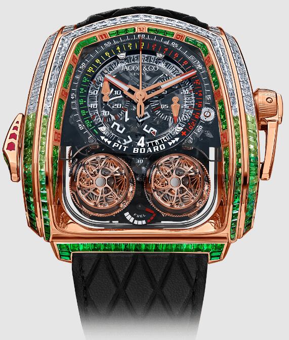 Review Jacob & Co TWIN TURBO FURIOUS BAGUETTE WHITE DIAMONDS & TSAVORITES ROSE GOLD TT800.40.AA.UB.A Replica watch - Click Image to Close